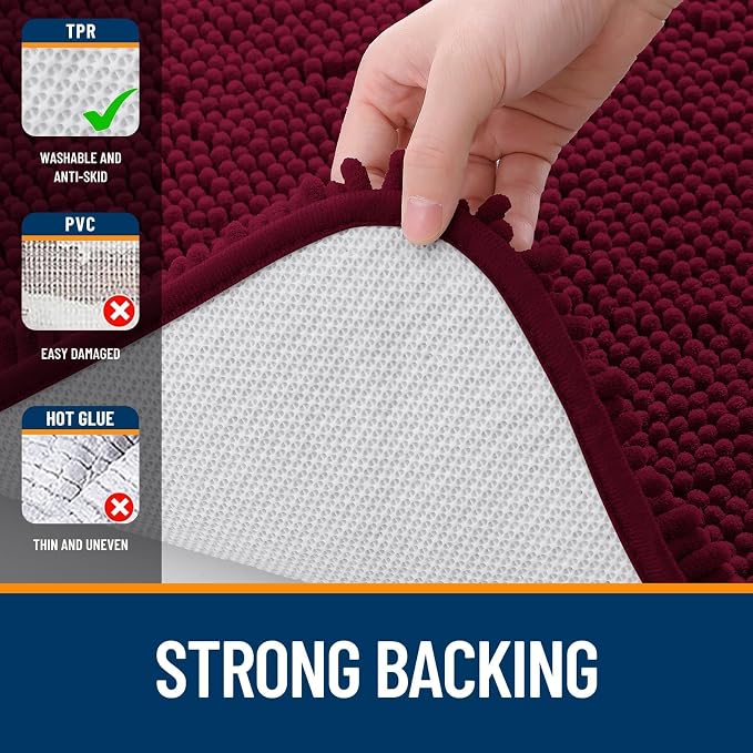 OLANLY Chenille Bathroom Rugs Mats Sets 2 Piece, 59"x20"+30"x20", Burgundy | Ultra Soft Absorbent Bath Rugs Set, Rubber Backing Non-Slip, Quick Dry, Machine Washable Bath Carpet, Home Decor Accessories