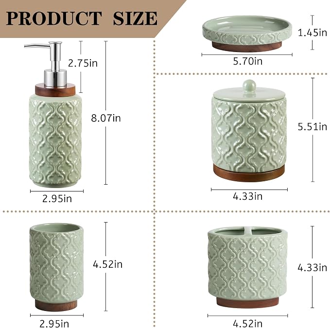 RQYIXI Ceramic 5-Piece Bathroom Accessories Set,Green,with Cotton Swab Jar | ceramic and wood embossed design modern countertop organization