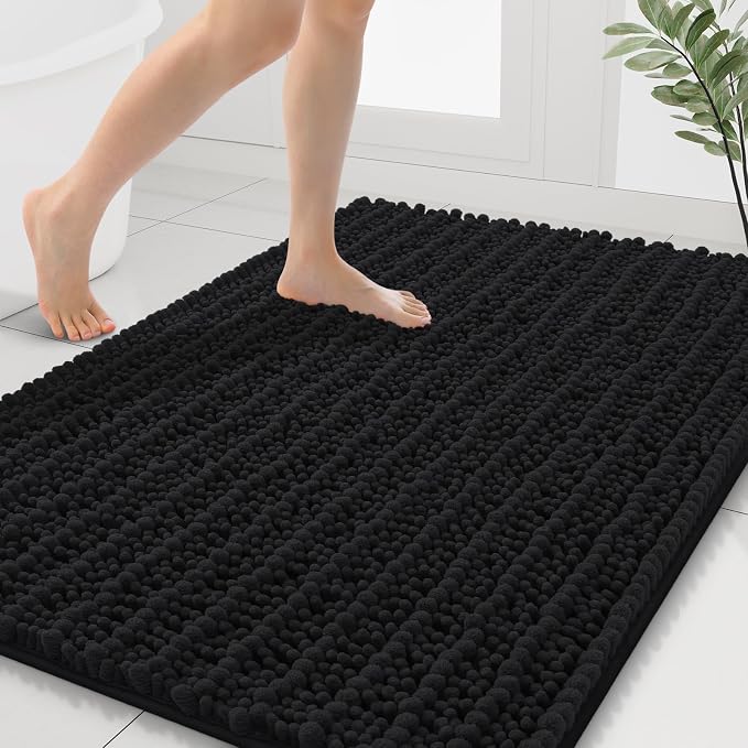 Smiry Bathroom Rugs 40X32, Extra Soft Rubber Backing Chenille Bath Mats | Black Machine Washable Non Slip Quick Dry Bath Mats for Bathroom Floor, Tub, Shower, Home Decor Accessories