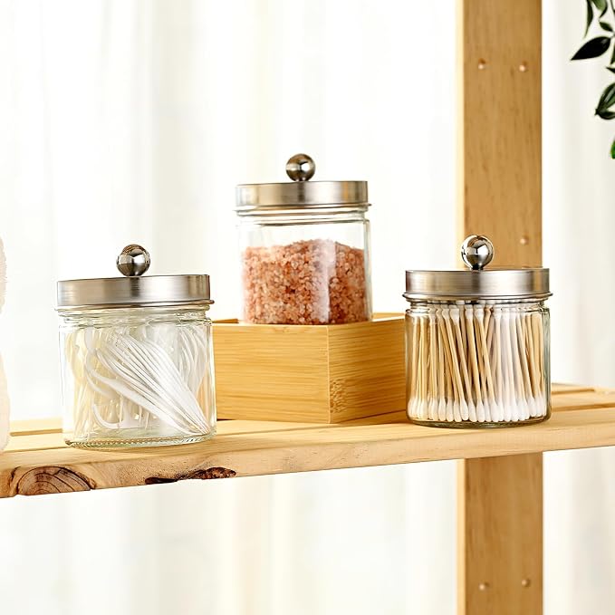 SheeChung Glass Mason Jar Qtip Holder Dispenser, Brushed Nickel Lids,2 Pack | Clear Apothecary Jar,Stainless Steel Lids,Small Bathroom Jars Canisters,Vanity Storage Organizer for Cotton Swabs,Balls,Floss