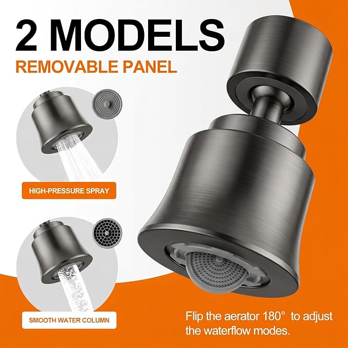 Metal Faucet Aerator - Dual Modes Kitchen Sink Aerator - 360° Swivel Sink Sprayer Attachment - Faucet Sprayer Head with 55/64'' Female Thread - Anti-clogging Design - Gun Gray