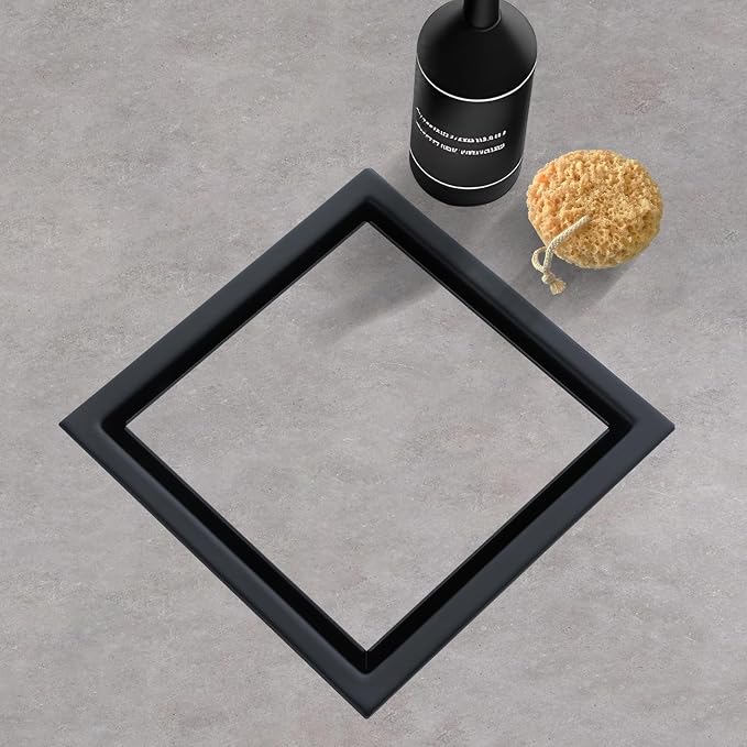4-Inch Square Shower Drain, Matte Black Floor Drain with Flange, 304 Stainless Steel Bathroom 2-in-1 Tile Drain