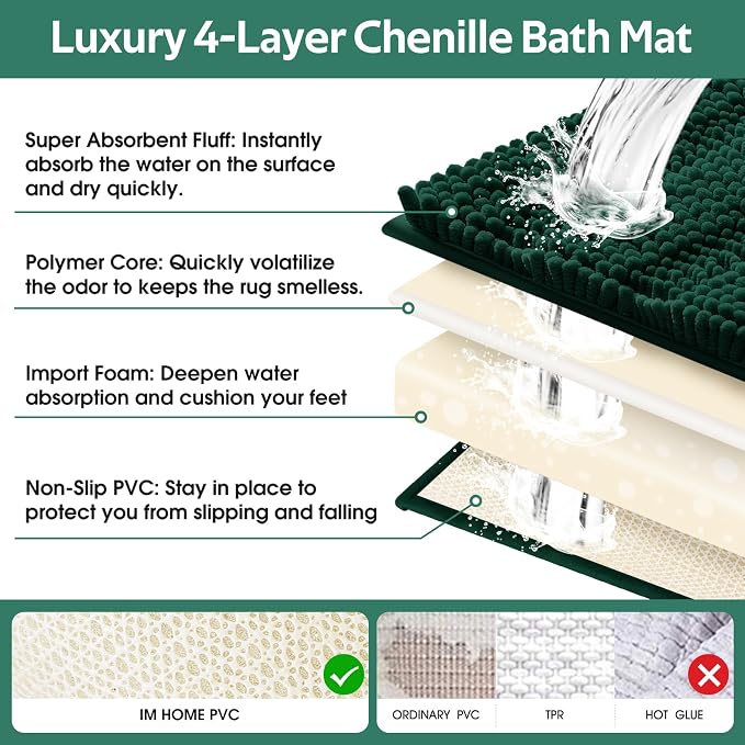 ACCUMTEK Christmas Striped Deep Green Toilet Bathroom Rug Mat Set 2 piece Rug Ultra Soft, Non Slip Chenille Bath Rugs, Absorbent Plush Shaggy Bath Mats for Bathroom, Bedroom, Kitchen, Shower, Tub
