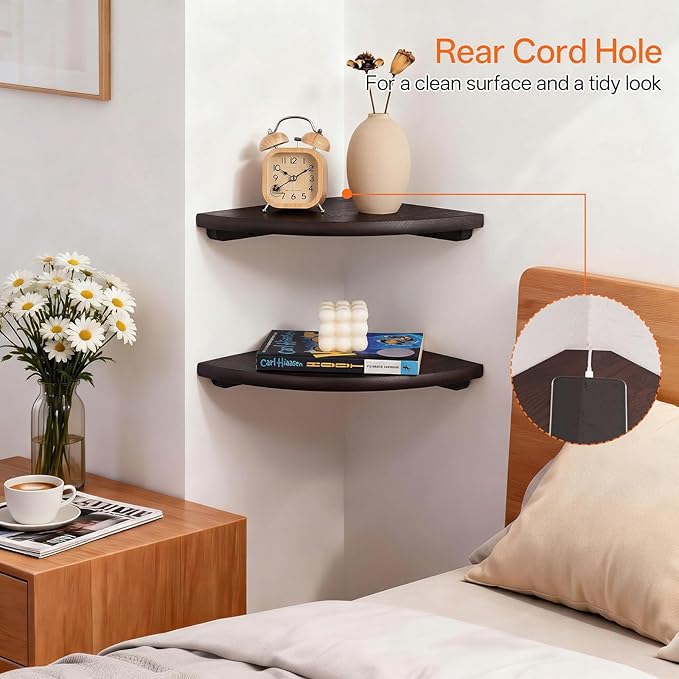 Gieanoo Floating Corner Shelves Set 2 10inch Walnut Solid Oak Rounded Corner Shelves Wall Mounted with Cable Hole Wood Corner Hanging Shelves for Living Room Bedroom Bathroom Kitchen