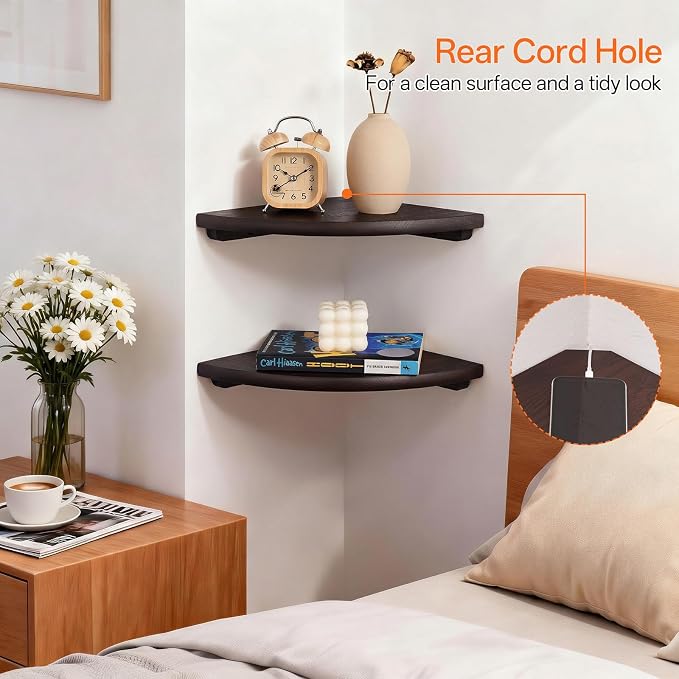 Gieanoo Corner Wall Shelf,16inch Solid Oak Wood Floating Corner Shelf with Wire Hole Corner Wall Storage Display Shelves for Living Room Bedroom Bathroom Kitchen(Walnut)