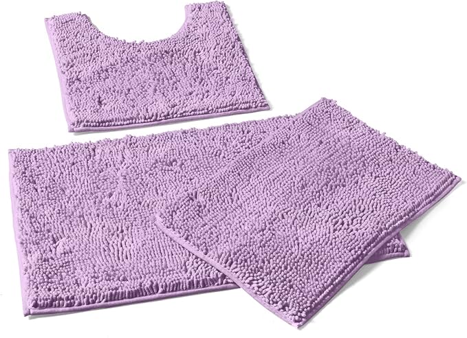 LuxUrux 3 Piece Bathroom Rug Set, Non-Slip Shaggy Chenille, Lavender, Includes U-Shaped Contour Toilet Mat, 20 x 30'' and 16 x 24'' Bath Mats, Machine Washable