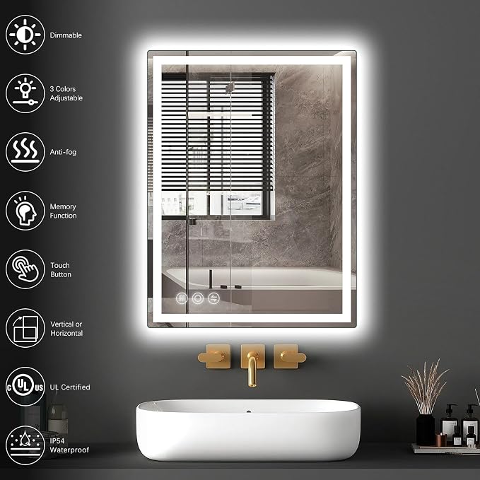 Memobarco 20" x28" LED Bathroom Mirror with Lights, Memory Vanity Mirror | Anti-Fog, 3 Color Modes, Dimmable, Front Lit, Memory Function, Tempered Glass, Lighted Bathroom Mirror for Wall