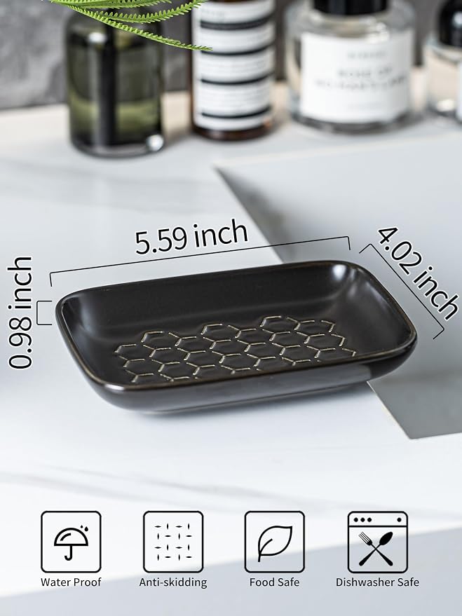 Gomakren Soap Dish for Shower, Ceramic Bar Soap Holder with Honeycomb Design - Father's Day Soap Saver Tray for Bathroom Kitchen Sink, Sponge & Organizer Tray, Upscale Look, 5.5 Inch, Black
