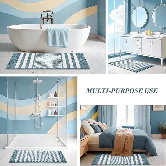 Bathroom Rugs, 17x24 Chenille Bath Mats, Denim Blue | Extra Soft Absorbent, Non Slip Striped, Quick Dry Machine Washable, Modern，Shower Rug for Bathroom Bedroom Decor