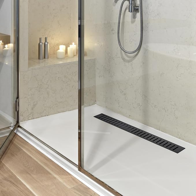 28 Inch Linear Shower Drain Bathroom Kitchen Matte Black Floor Drain Removable Capsule Pattern Cover Accessories Shower Drain 304 Stainless Steel Drain with Hair Strainer Adjustable Leveling Feet