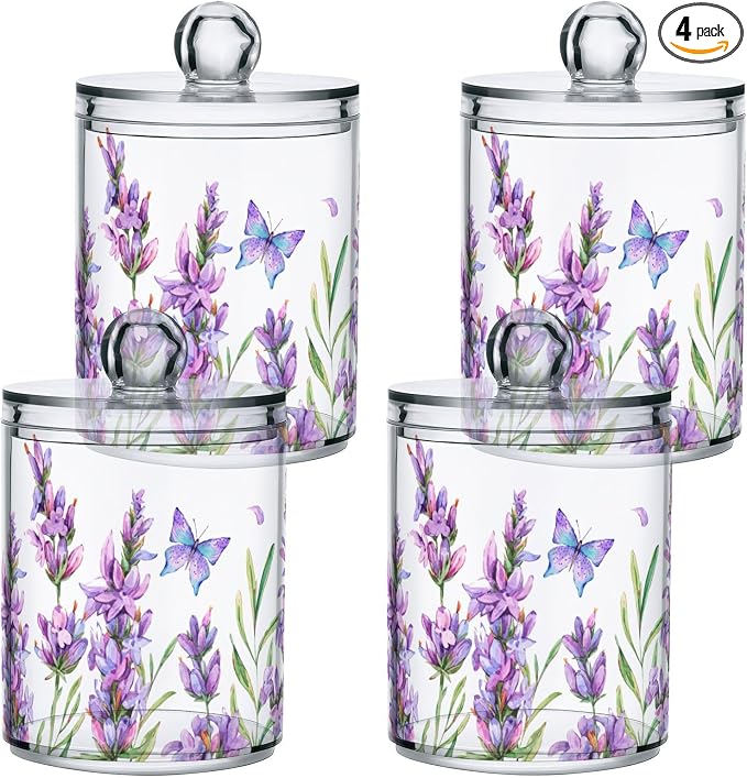 ALAZA 4 Pack Qtip Holder Dispenser for Cotton Ball Lavender Flower Purple Cotton Swab Round Pads Clear Plastic Acrylic Jar Set Bathroom Canister