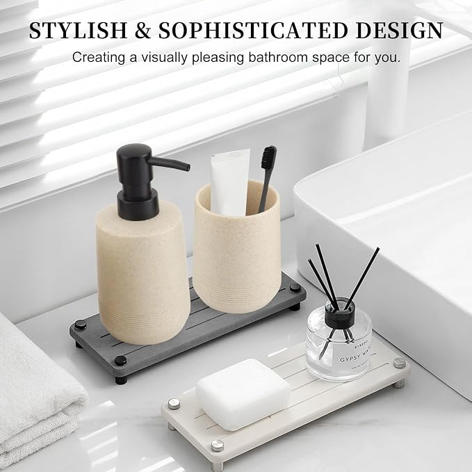 Resin Bathroom Accessory Set, Soap Dispenser and Toothbrush Holder, Beige | 2 Piece Bathroom Accessories Set for Bathroom Countertop Storage and Housewarming Gifts