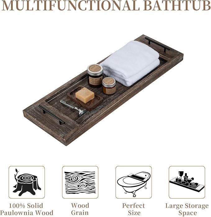 Hanobe Bathtub Tray Bath Caddy: Wood Bath Tub Trays Table Board - Rustic Bathtub Shelf Across Tub - Long Wooden Serving Tray with Handles for Bathroom, 31"