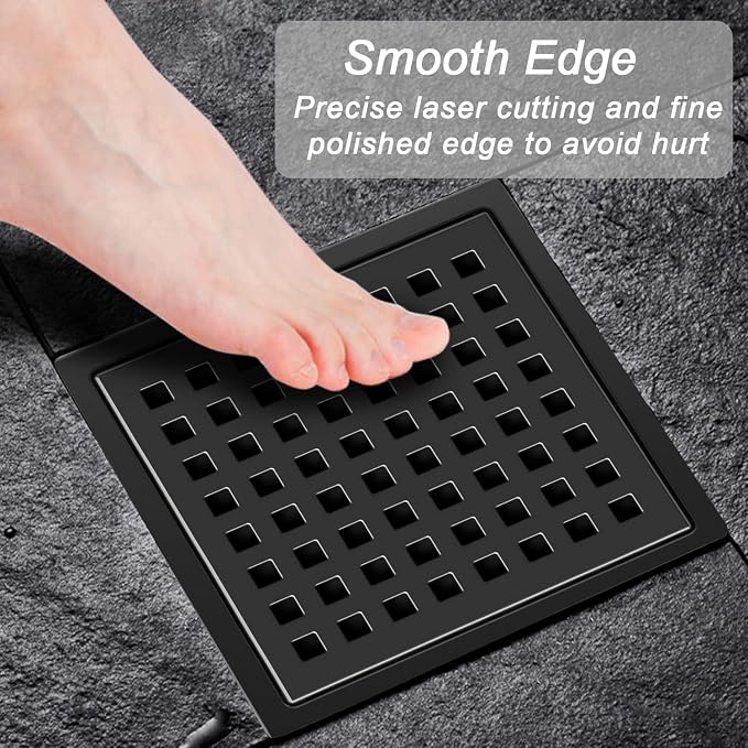 EXF 6-Inch Square Shower Drain with ABS Flange Base, Matte Black 304 Stainless Steel Floor Drain, Removable Grate and Hair Strainer for Modern Bathroom Remodels and Curbless Showers