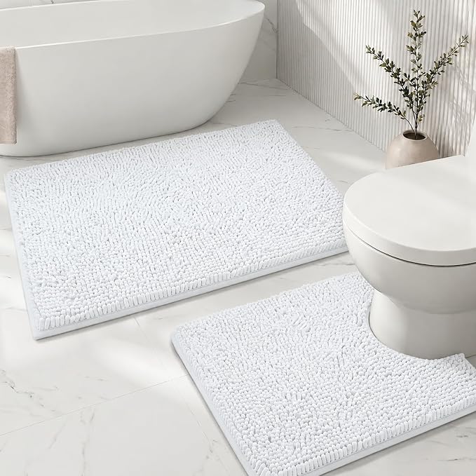 Bathroom Rugs Sets 2 Piece,Super Absorbent Soft,Thick,Machine Washable Chenille Bath Mat,Non Slip Toilet Floor Rug,Bath Mats for Bathroom,20x32 Plus 20x20 U Shape,White