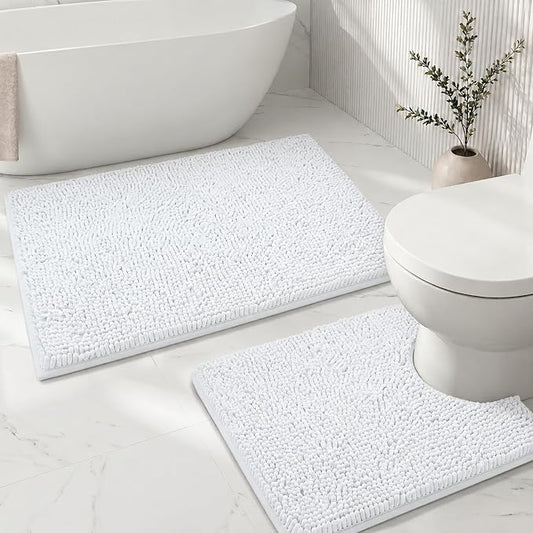 Bathroom Rugs Sets 2 Piece,Super Absorbent Soft,Thick,Machine Washable Chenille Bath Mat,Non Slip Toilet Floor Rug,Bath Mats for Bathroom,20x32 Plus 20x20 U Shape,White