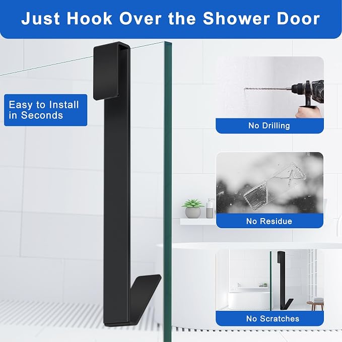 Shower Door Hooks 10 in, Shower Hooks for Towels, Heavy Duty Drilling-Free Extended Towel Hooks for Bathroom Frameless Glass Door, Over the Door Towel Hooks 3 Packs Black