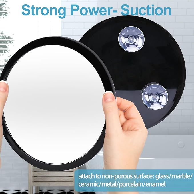 Fogless Shower Mirror for Shaving and Makeup with 3 Removable Powerful Suction Cups, Shatterproof Anti Fog Mirror for Shower and Bathroom, Glassless Safety Kids Mirror (Black)