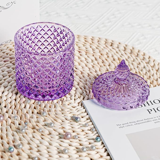 2 Pack Glass Qtip Holder, Apothecary Jars with Lids Bathroom Storage | Purple (10+24oz), Storage for Cotton Swabs, Balls, Pads, Floss Pick, Makeup, Candy & Jewelry, Vanity Organizer for Bathroom