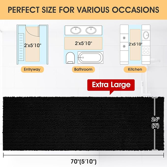 ACCUMTEK Extra Long Upgrade Luxury Black Bathroom Rug Mat 70"x24", Ultra Soft Thick Absorbent Bath Mats, Non Slip Chenille Toilet Mat for Bathroom, Bedroom, Kitchen, Shower, Tub