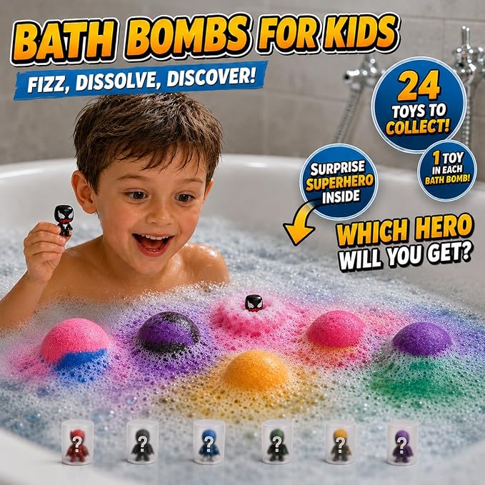 EvolutionUSA 6pc Epic Superhero Bath Bombs for Kids – Childrens Super Hero Bath Bombs Toy Inside, Organic Bathbomb with Surprise, Superhero Bath Fizzers, Fun Bathbombs Easter, Christmas, Birthday