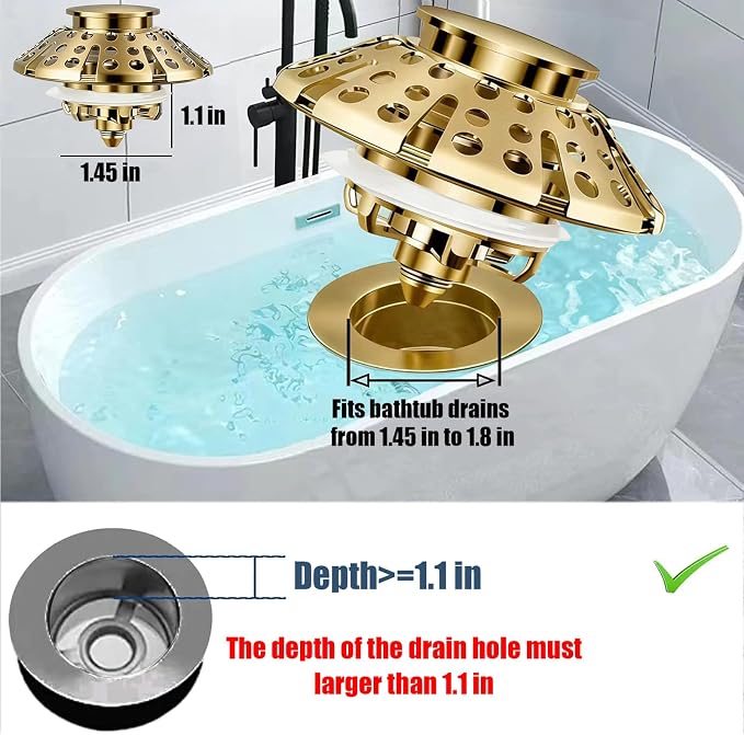 AzWzz Bathtub Drain Stopper,Pop Up Tub Stopper Plug with Hair Catcher Cover | All-metal, Universal for 1.45 in to 1.8 in Tub Drain, Brushed Gold