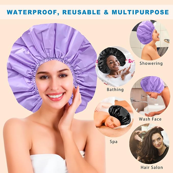 Super Jumbo Shower Cap for Women, 2 PCS Waterproof Hair Caps for Locs | Extra Large, Double Side Reusable PEVA Bath Cap, Washable, Holds Long Thick Twist Braid - Black + Purple