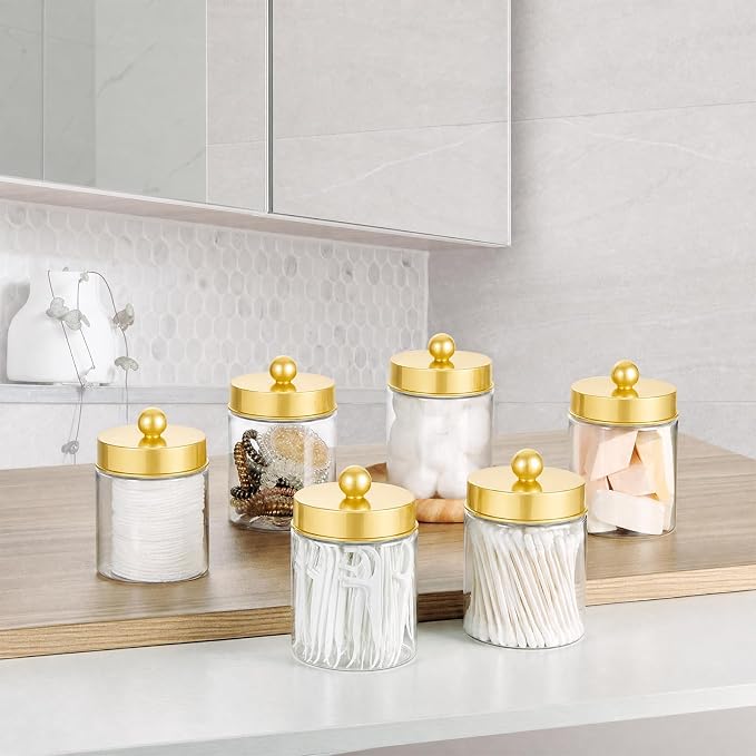 Amolliar Acrylic Apothecary Jar Bathroom Qtip Holder Gold 6 Pack | for Bathroom Storage Vanity , Countertop, Farmhouse Style, Holds Cotton Swabs, Dental Floss, Makeup Sponges,Gold Decor