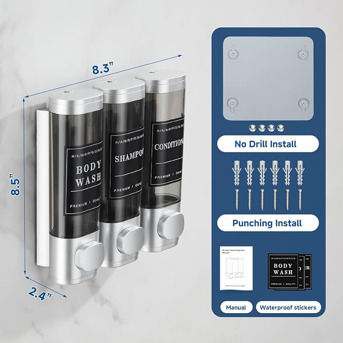 Shower Soap Dispenser Wall Mounted No Drill Shampoo Dispenser for Shower Wall Shampoo and Conditioner Dispenser Bathroom Hotel 3 * 300ml with Waterproof Labels Sliver