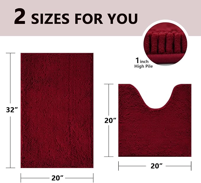BOANKODU Bath Mat Set, 2 Piece - Soft Chenille, Non-Slip, 32x20 Inch + 20x20 Inch U Shape, Machine Washable (Burgundy)