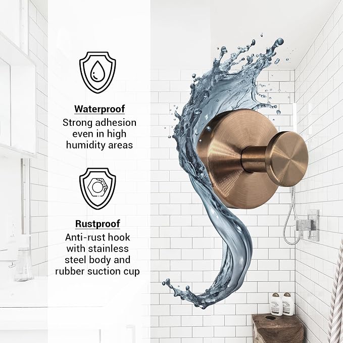 Suction Cup Hooks for Shower - 4 Pack, Bronze - Stainless Steel, Strong Suction, No Drill, Removable Hanger, Tile Bathroom Kitchen Wall, Glass Door, Mirror Hook Hanging Robe, Towel Holder