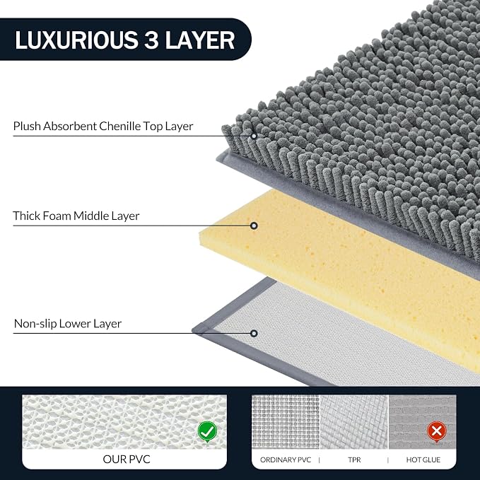 LINLA 3 Pieces Bathroom Rug Set, Absorbent Non Slip Chenille Bath mat | Absorbent Thick Plush Chenille Carpet Mats Set,Washable Dry Quickly with U-Shaped Toilet Mat for Tub, Shower