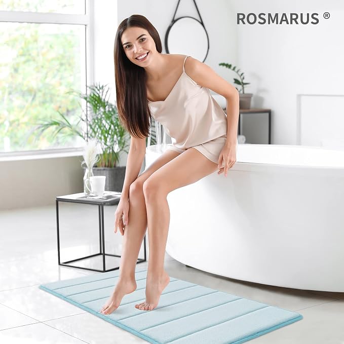 ROSMARUS Memory Foam Bath Mat, 20''x32'', Aqua Blue | Water Absorbent, Ultra Soft, Non Slip, Thick Foam, Bathroom Rugs for Floor & Tub, Machine Washable Care