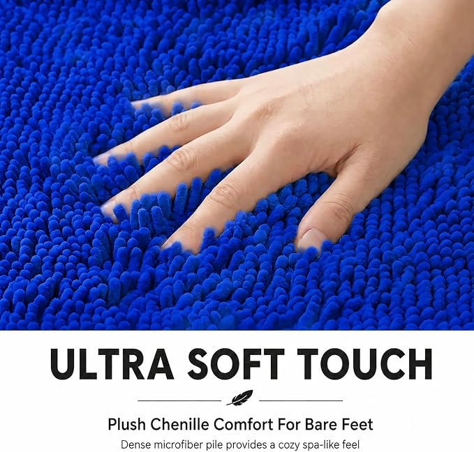 Bathroom Rugs Sets 2 Piece,Super Absorbent Soft,Thick,Machine Washable Chenille Bath Mat,Non Slip Toilet Floor Rug,Bath Mats for Bathroom,20x32 Plus 20x20 U Shape,Royal Blue