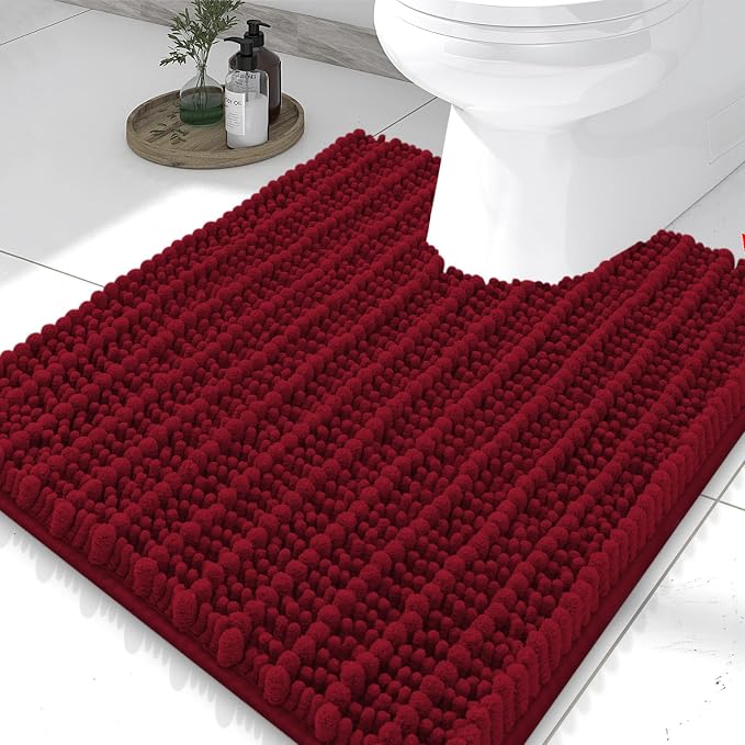 Smiry Bathroom Toilet Rugs U Shaped 24X20, Chenille Bath mats for Toilet | Red Extra Soft Absorbent Non Slip Rubber Backing Contour Bath Rugs for Toilet, Machine Washable Contoured Bath Mats