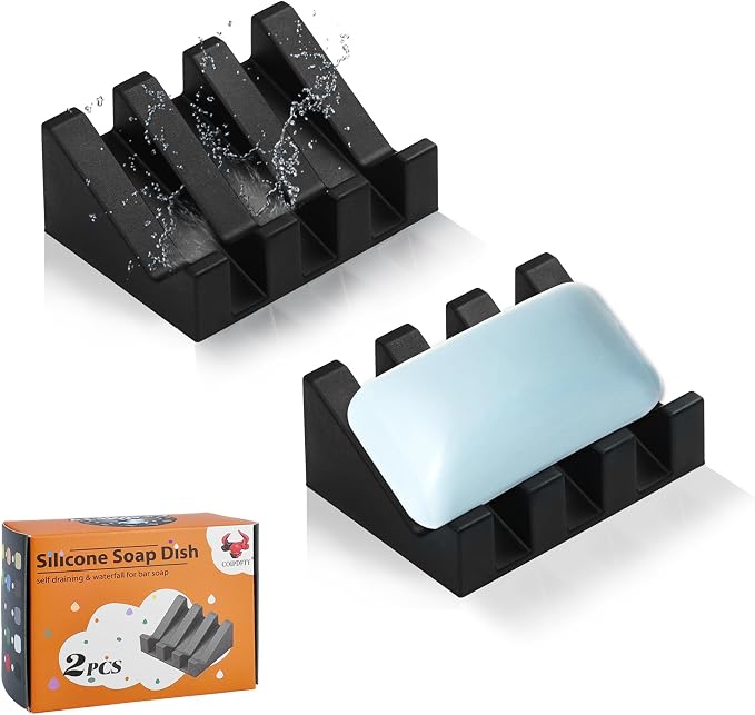 Self Draining Soap Dish Holder,Silicone Soap Dish,for Bathroom,Kitchen, Sponges，Can Extend Soap Life，Keep Soap Bars Dry and Easy Cleaning (Black,2-Pack)