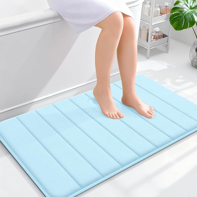 OLANLY Memory Foam Bath Mat 36x24, Super Soft and Absorbent Bathroom Rugs | Sky Blue, Quick Dry Bath Rug, Machine Washable Shower Floor Mats, Bathmat Carpet for Bathroom Floor, Tub and Shower