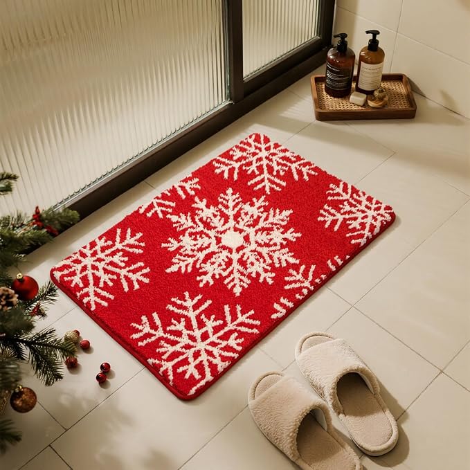 TYUU Christmas Bathroom Rugs, Extra Soft Absorbent Bath Rug Non Slip Washable Bathroom Mat Holiday Xmas Home Decor Indoor Bath Mat, Snowflake, 24"x36"