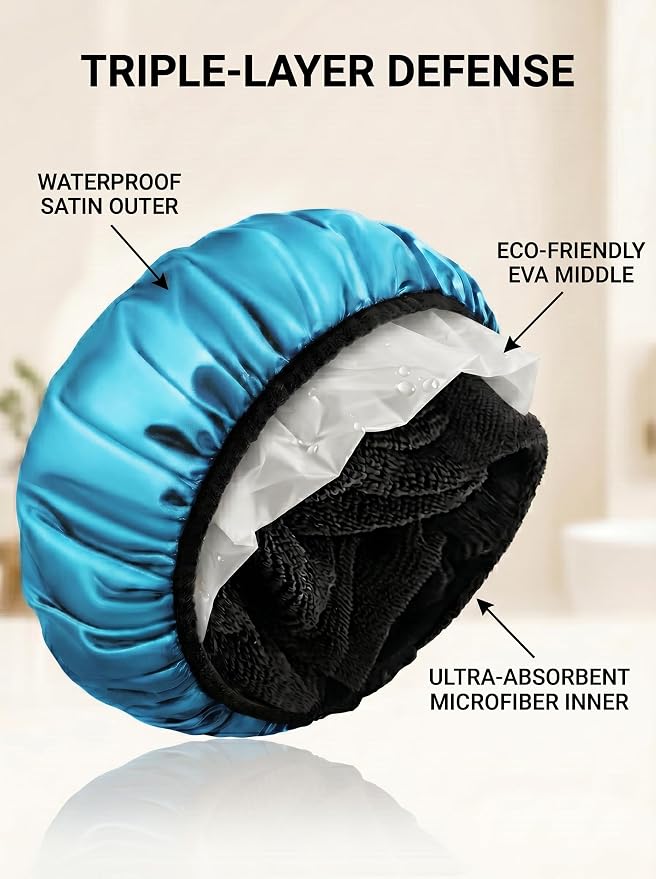 Aquior Shower Cap,Extra Large Triple Layer Bathing Cap with Dry Hair Function for Women Microfiber Terry Cloth Silky Satin 100% Waterproof Reusable Long Hair Bath Caps (Blue)