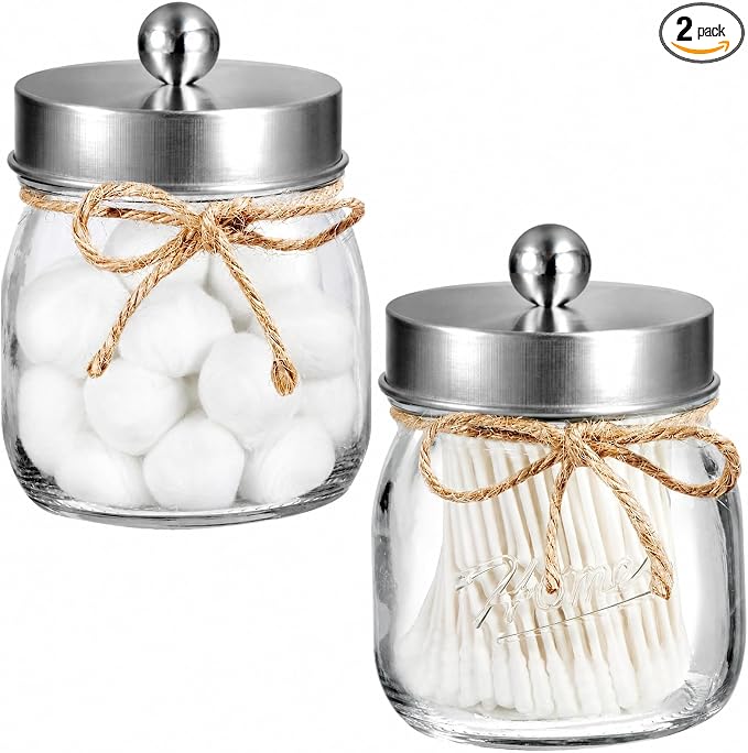 SheeChung 2 Pack Qtip Holder for Bathroom - Cotton Swab Holders, Bathroom Organizers and Storage for Cotton Round Pads, Balls, Floss Pick - Brushed Steel