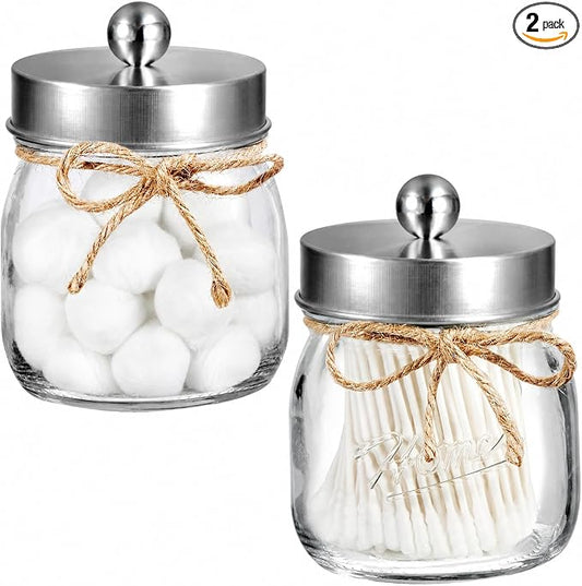 SheeChung 2 Pack Qtip Holder for Bathroom - Cotton Swab Holders, Bathroom Organizers and Storage for Cotton Round Pads, Balls, Floss Pick - Brushed Steel