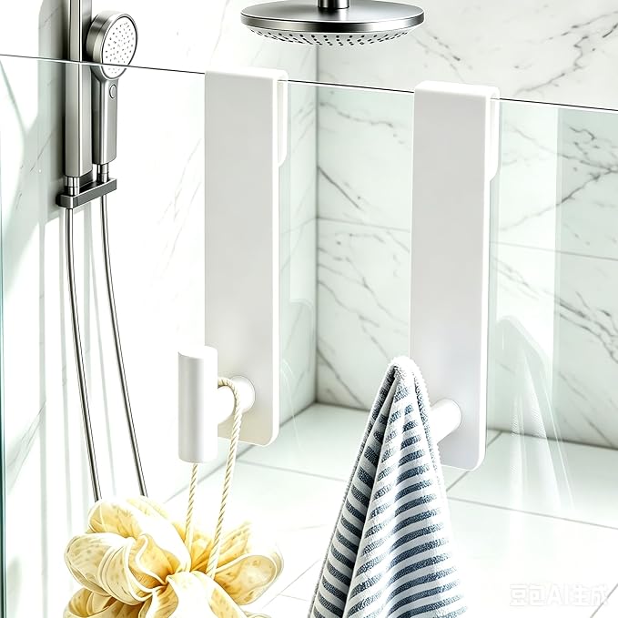Shower Door Hooks, Heavy Duty Rack Hooks for Robe, Stainless Steel Robe Towel Hooks for Bathroom, Fits Frameless Glass Shower Doors up to 3/8" (10mm) Thick (White, 2 Pack)