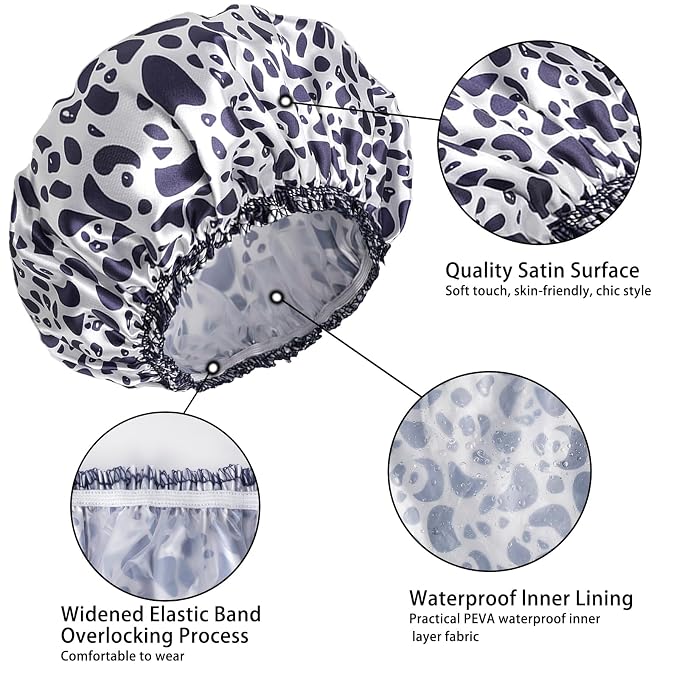 Shower Caps for Women, 4 PCS Reusable Waterproof Bath Cap | Double Layer, Washable, Wide Elastic Band, Holds Long Hair, Caps for Bath Accessories, Spa, Travel Home - Stone