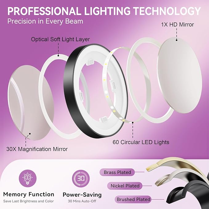 Auxmir 9" 5000mAh Magnifying Mirror, 1X/30X Lighted Makeup Mirror, Black | Rechargeable Battery, 3 Dimmable Colors, 14.9‑18.5" Adjustable Height, 360° Rotation, Stable Base, 30X Magnification