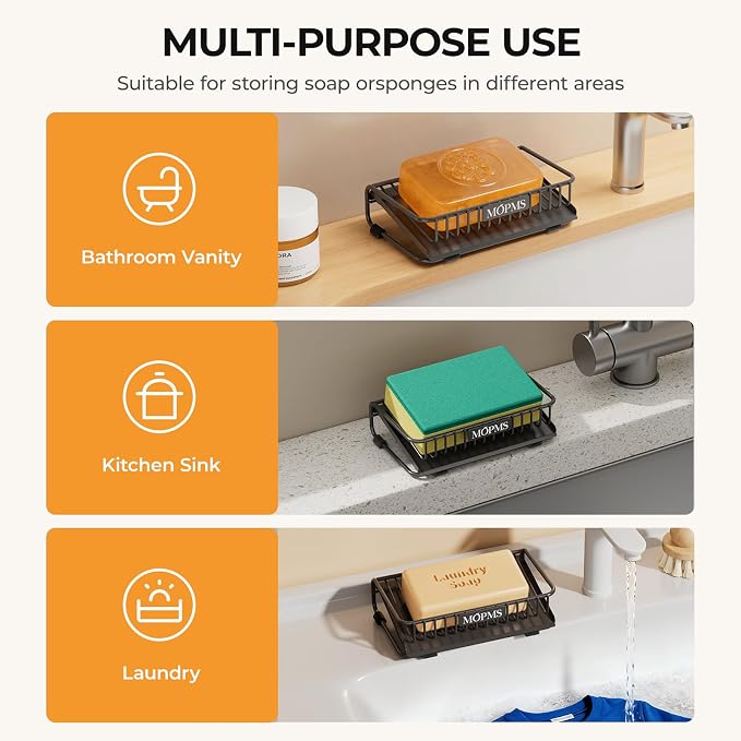 MOPMS Self Draining Soap Dish, Carbon Steel Bar Soap Holder for Shower | Waterfall Design Soap Saver for Bathroom, Kitchen Sink and Countertop, Sponges, Dispensers, Black