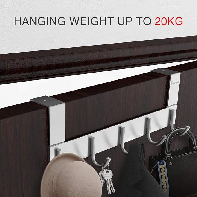 Door Hooks Hanger Rack, Aluminum Utility Organizer Towel Hooks Holder for Kithchen Bathroom, 5 Hooks Over the Door Hanger Silver