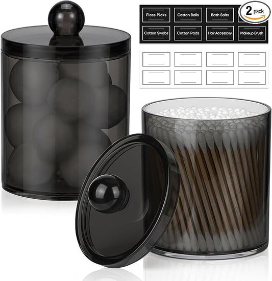 2 Pack Acrylic Qtip Holder Dispenser for Cotton Swabs, Balls, Floss Picks | Thick, Clear Black, w/ Labels - Small Canister Apothecary Jar Set, Bathroom Decor Essentials, Shelf Vanity Storage Organizer