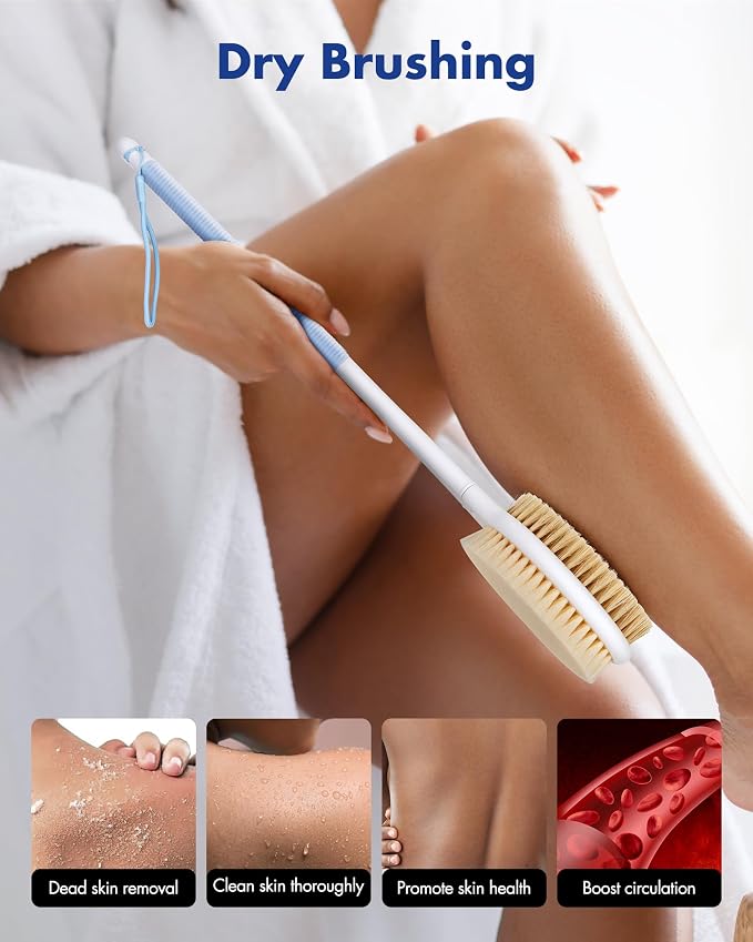 Back Scrubber Body Shower Brush: Anti Slip Long Handle Bath Brush with Stiff and Soft Bristles - Showering Exfoliator Wet or Dry Brushing for Women, Men, Elderly (Blue) (Pack of 2)