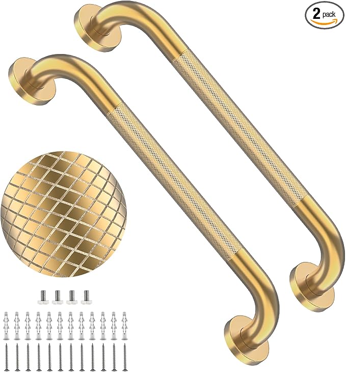 20 Inch Brushed Gold Shower Grab Bar with Anti-Slip Knurled Grip,YuanDe Stainless Steel Bathroom Grab Bars，Shower Handrail Support, Handicap Elderly Balance Assist Handles