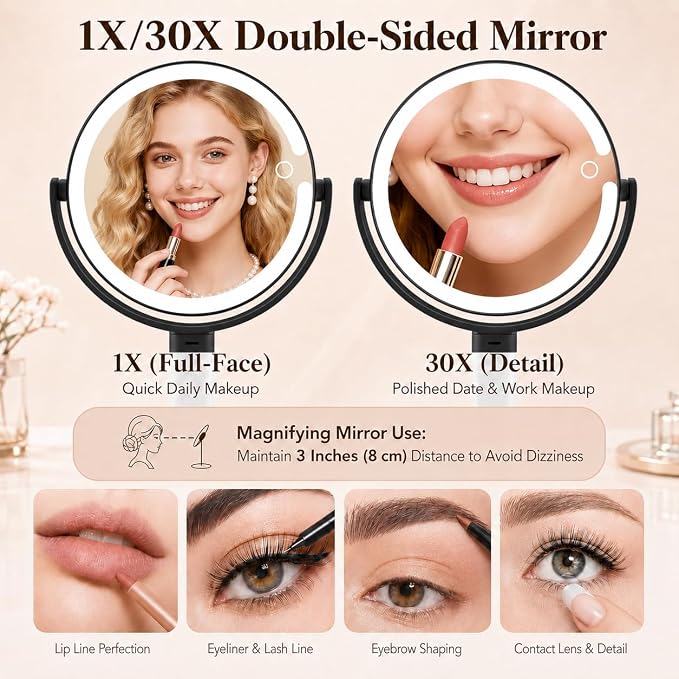 MOMOKUBA Makeup Mirror with Lights, 30X Magnifying Mirrors, Height Adjustable, Vanity Mirror with Lights Rechargeable 3 Color Modes, Double-Sided Detachable Travel Mirrors, Gift for Women, Black/30X